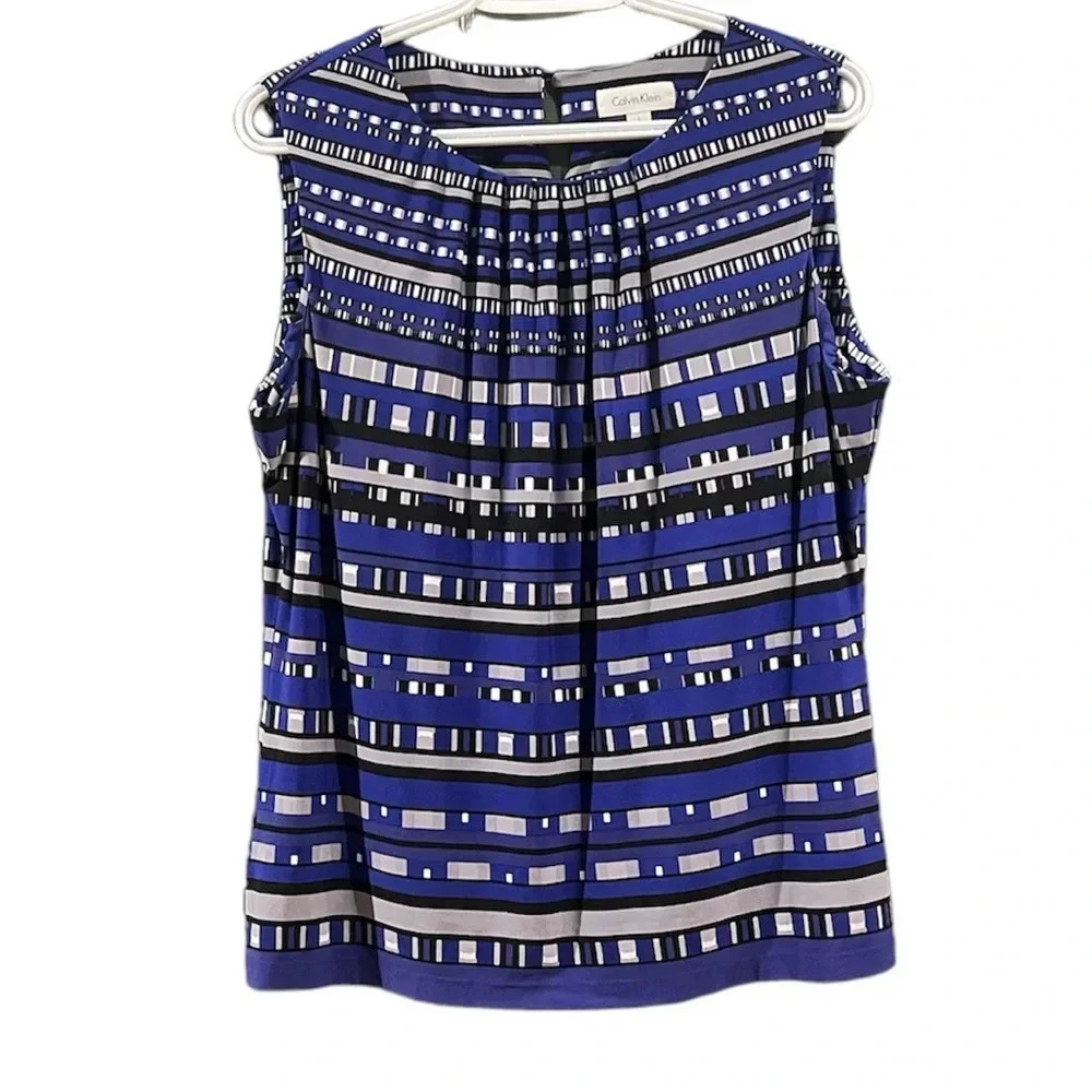 Calvin Klein Blue Abstract Print Sleeveless Pleated Blouse Career Top Size L